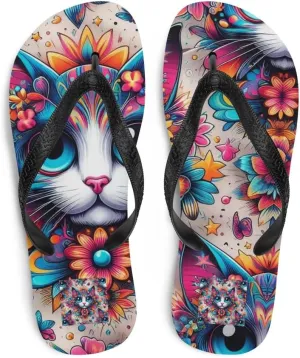 Women's Artsy Psychedelic Color Pop Cat Print Luxe Flip-Flops