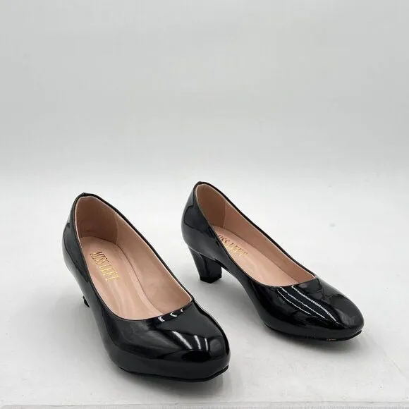 Women's Black Low Platform High Chunky Heeled Slip On Closed Round Toe Pump