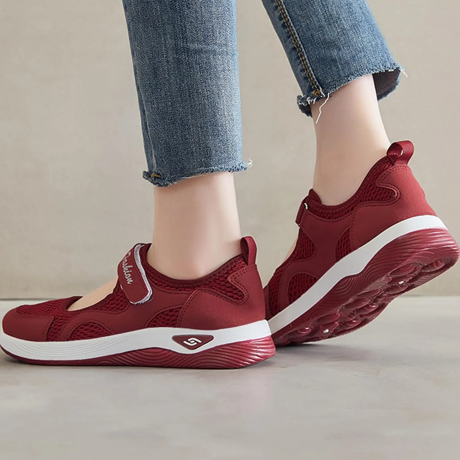 Womens Breathable Walking Shoes Mesh Lightweight Sneakers Mary Jane Flats Wide Width Comfortable Working Nurse Shoes Non-Slip Adjustable