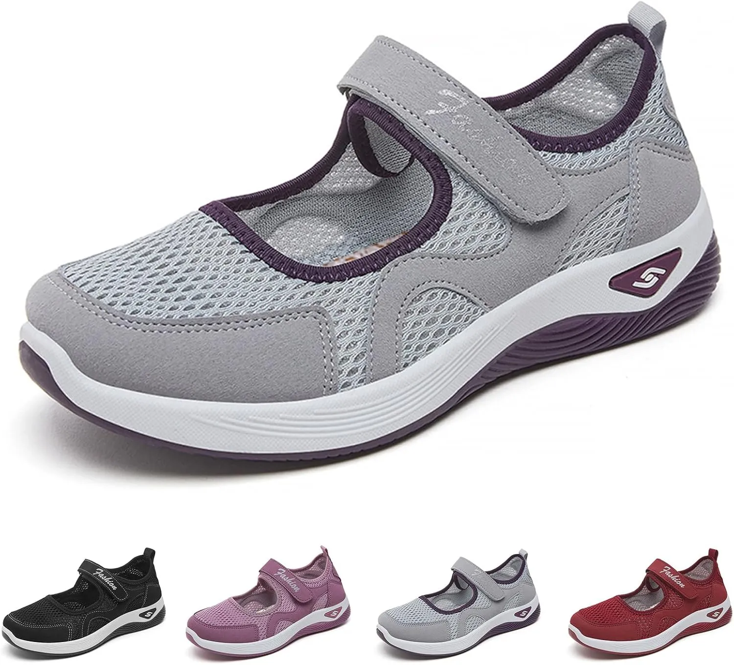 Womens Breathable Walking Shoes Mesh Lightweight Sneakers Mary Jane Flats Wide Width Comfortable Working Nurse Shoes Non-Slip Adjustable