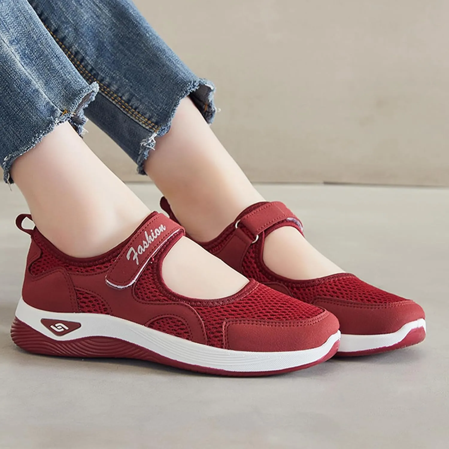 Womens Breathable Walking Shoes Mesh Lightweight Sneakers Mary Jane Flats Wide Width Comfortable Working Nurse Shoes Non-Slip Adjustable