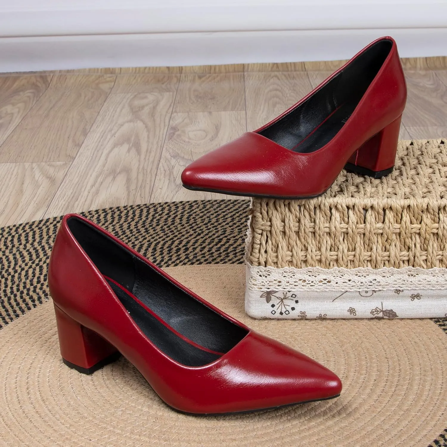 Women's Closed Pointed Toe Work Dress Pumps Low Chunky Patent Leather Office Heels for Women Zebra Pattern Suede Wedding Party Daily Comfy Pump Shoes Slip On 2.36 Inch
