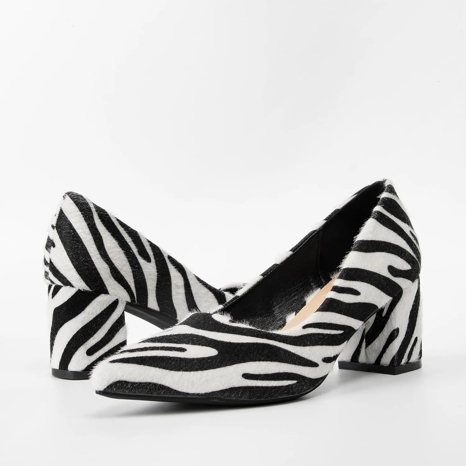 Women's Closed Pointed Toe Work Dress Pumps Low Chunky Patent Leather Office Heels for Women Zebra Pattern Suede Wedding Party Daily Comfy Pump Shoes Slip On 2.36 Inch
