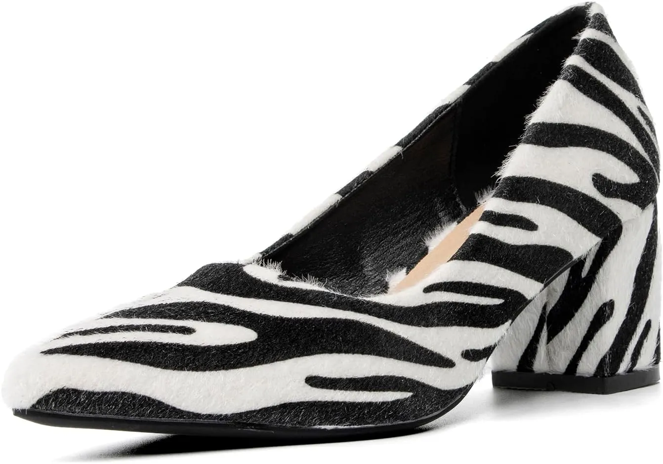 Women's Closed Pointed Toe Work Dress Pumps Low Chunky Patent Leather Office Heels for Women Zebra Pattern Suede Wedding Party Daily Comfy Pump Shoes Slip On 2.36 Inch