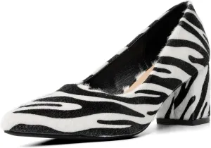 Women's Closed Pointed Toe Work Dress Pumps Low Chunky Patent Leather Office Heels for Women Zebra Pattern Suede Wedding Party Daily Comfy Pump Shoes Slip On 2.36 Inch