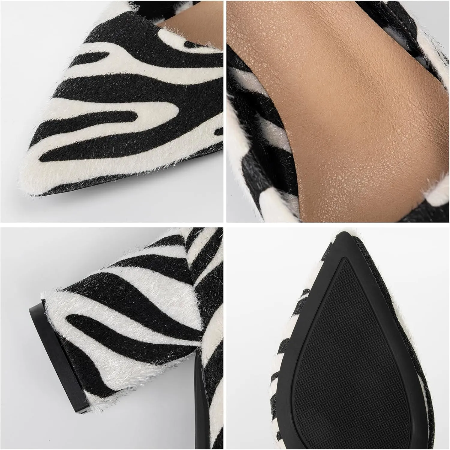 Women's Closed Pointed Toe Work Dress Pumps Low Chunky Patent Leather Office Heels for Women Zebra Pattern Suede Wedding Party Daily Comfy Pump Shoes Slip On 2.36 Inch
