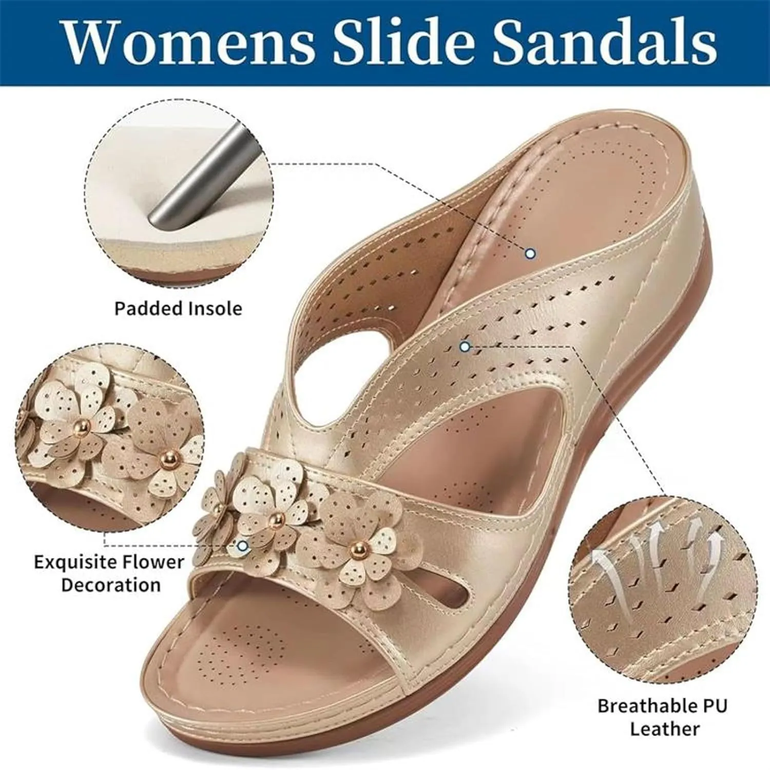 Womens Comfy Wedge Orthopedic Sandals Summer Platform Flower Cutout Strap Wedges Women's Wedged Slip On Ladies Slides Comfortable Recovery Casual Shoes for Outdoor Indoor Daily Wear