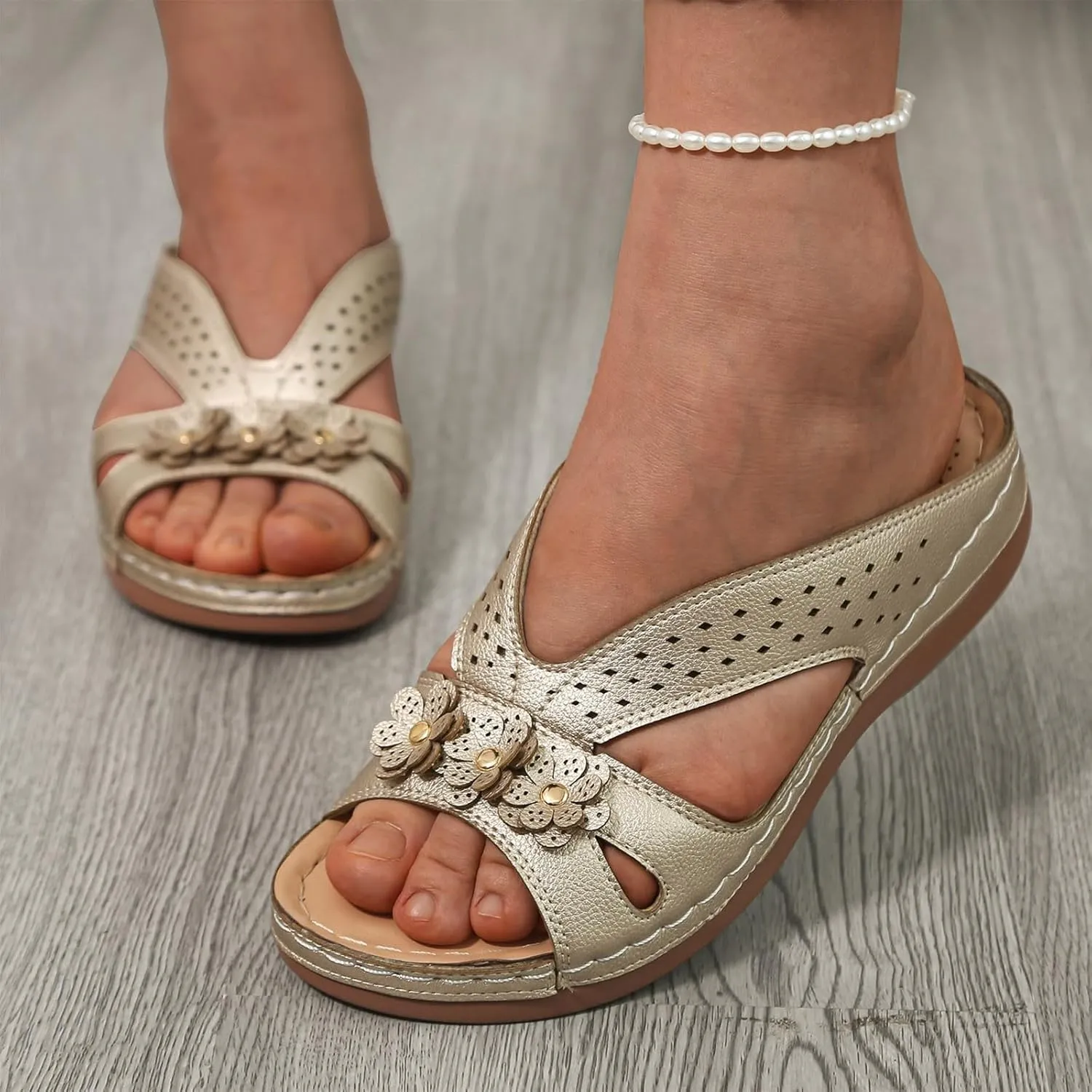Womens Comfy Wedge Orthopedic Sandals Summer Platform Flower Cutout Strap Wedges Women's Wedged Slip On Ladies Slides Comfortable Recovery Casual Shoes for Outdoor Indoor Daily Wear