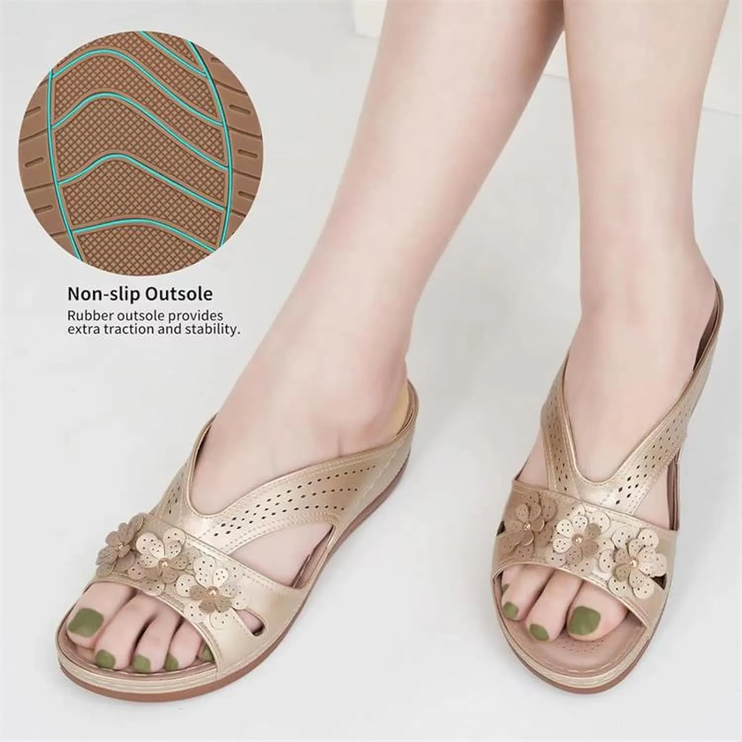 Womens Comfy Wedge Orthopedic Sandals Summer Platform Flower Cutout Strap Wedges Women's Wedged Slip On Ladies Slides Comfortable Recovery Casual Shoes for Outdoor Indoor Daily Wear