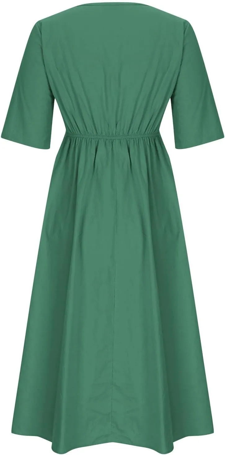 Womens Dresses Casual Cotton Linen Ruched Empire Waist A-Line Sun Dress Loose Fitting Pockets Maxi Summer Dresses