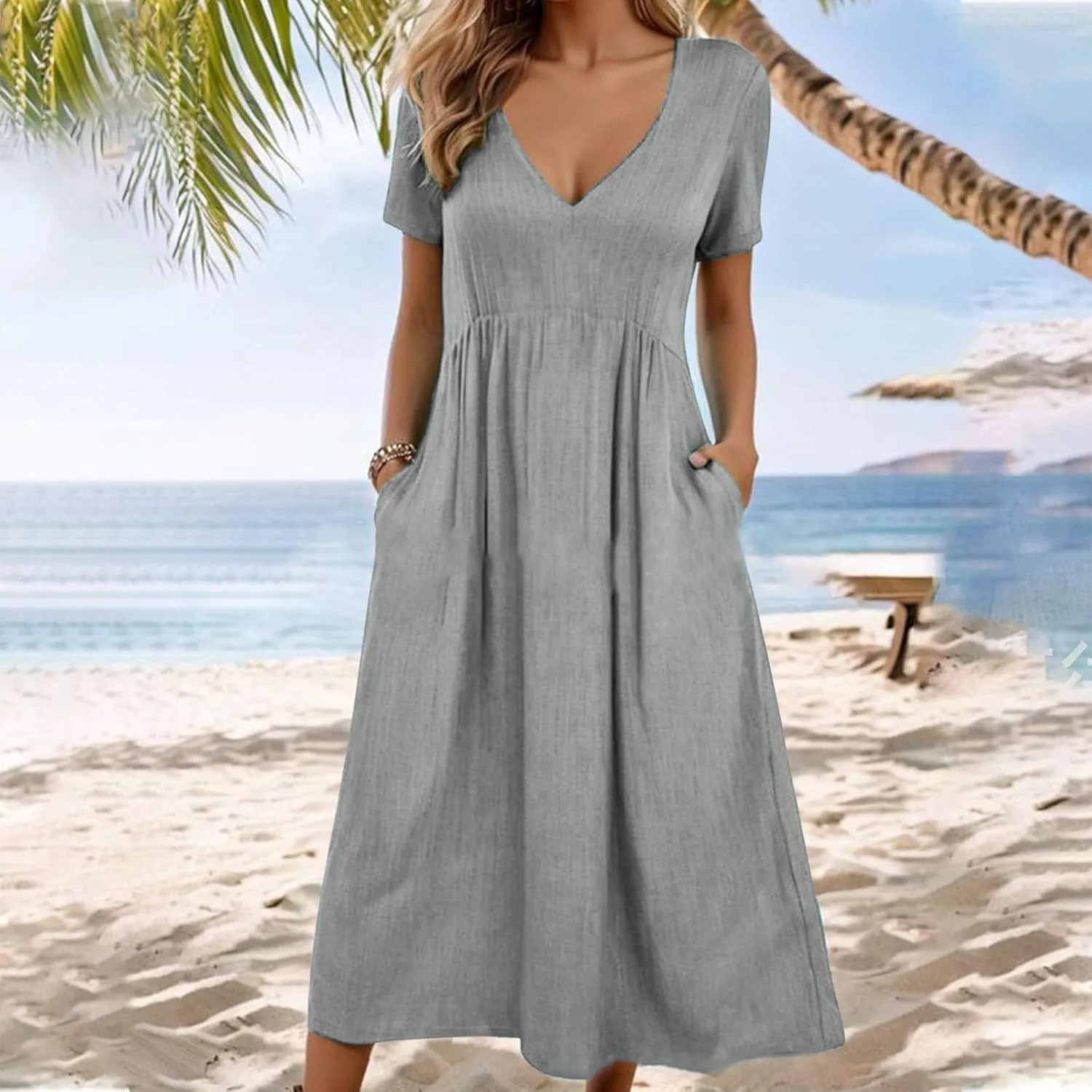 Womens Dresses Casual Cotton Linen Ruched Empire Waist A-Line Sun Dress Loose Fitting Pockets Maxi Summer Dresses