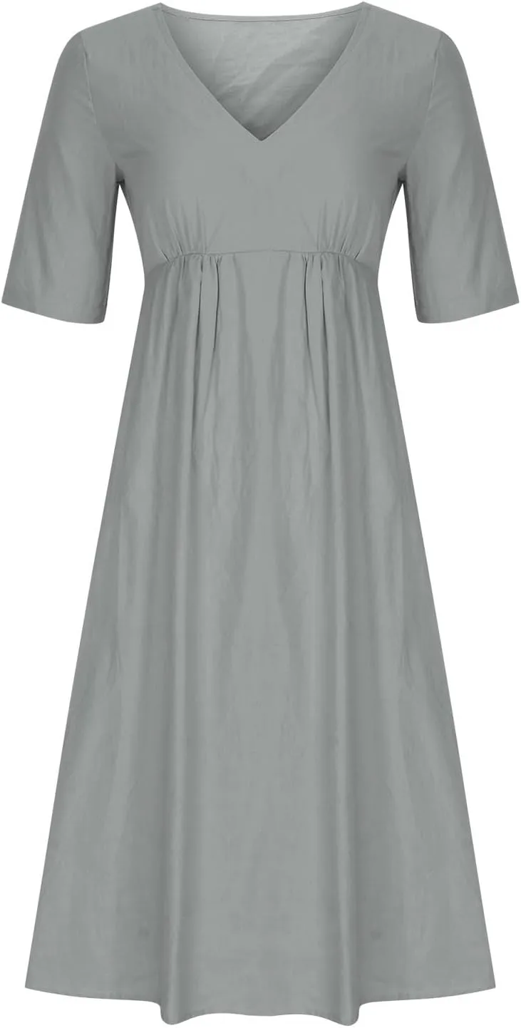 Womens Dresses Casual Cotton Linen Ruched Empire Waist A-Line Sun Dress Loose Fitting Pockets Maxi Summer Dresses