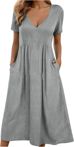 Womens Dresses Casual Cotton Linen Ruched Empire Waist A-Line Sun Dress Loose Fitting Pockets Maxi Summer Dresses