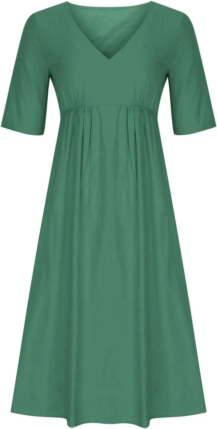 Womens Dresses Casual Cotton Linen Ruched Empire Waist A-Line Sun Dress Loose Fitting Pockets Maxi Summer Dresses