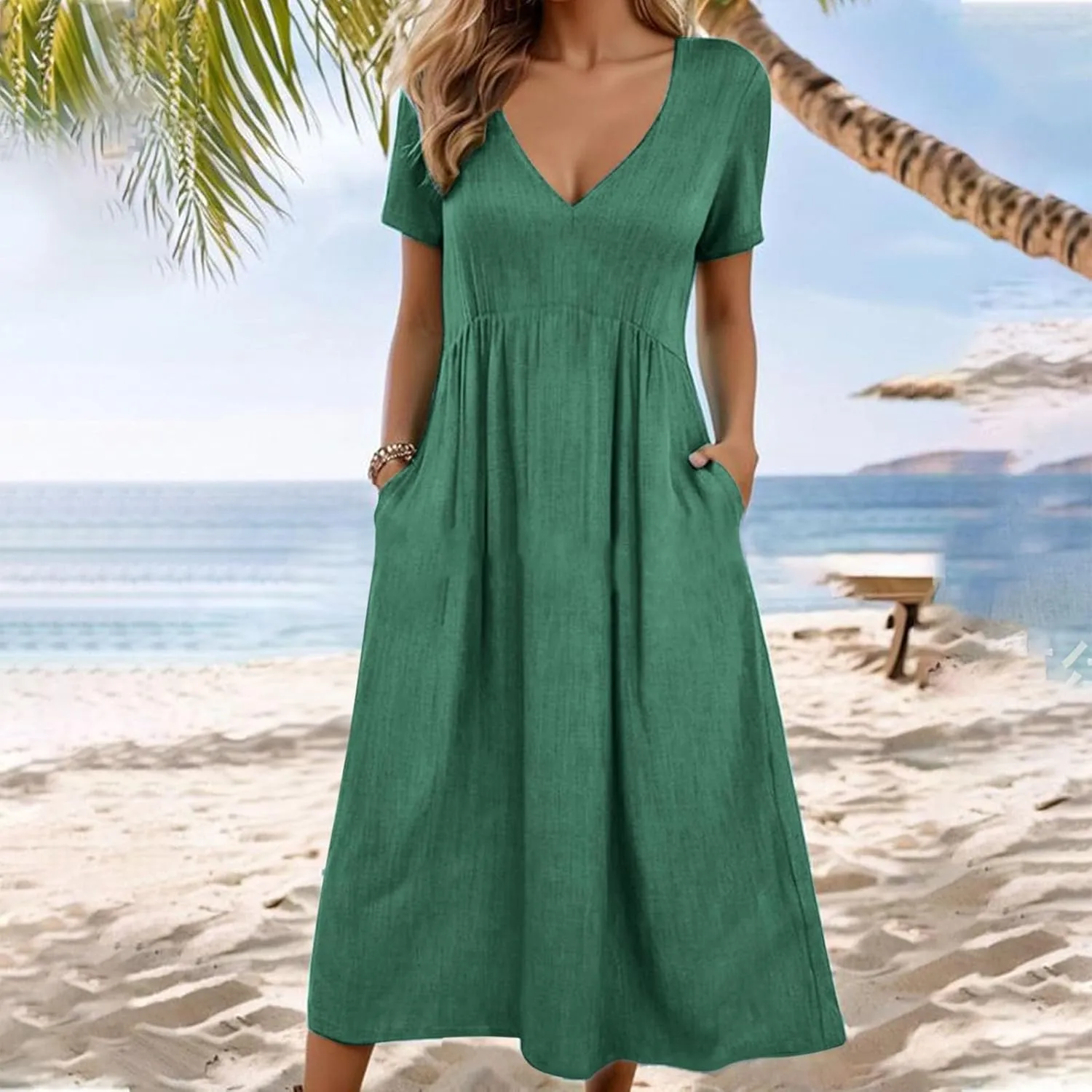 Womens Dresses Casual Cotton Linen Ruched Empire Waist A-Line Sun Dress Loose Fitting Pockets Maxi Summer Dresses