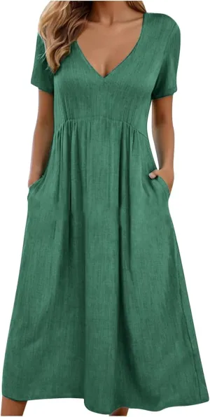 Womens Dresses Casual Cotton Linen Ruched Empire Waist A-Line Sun Dress Loose Fitting Pockets Maxi Summer Dresses