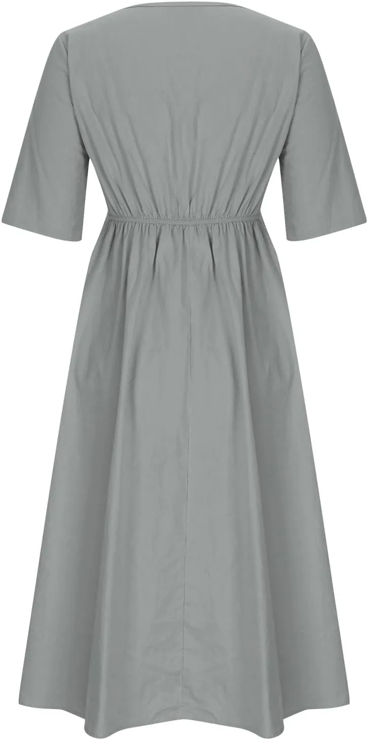 Womens Dresses Casual Cotton Linen Ruched Empire Waist A-Line Sun Dress Loose Fitting Pockets Maxi Summer Dresses