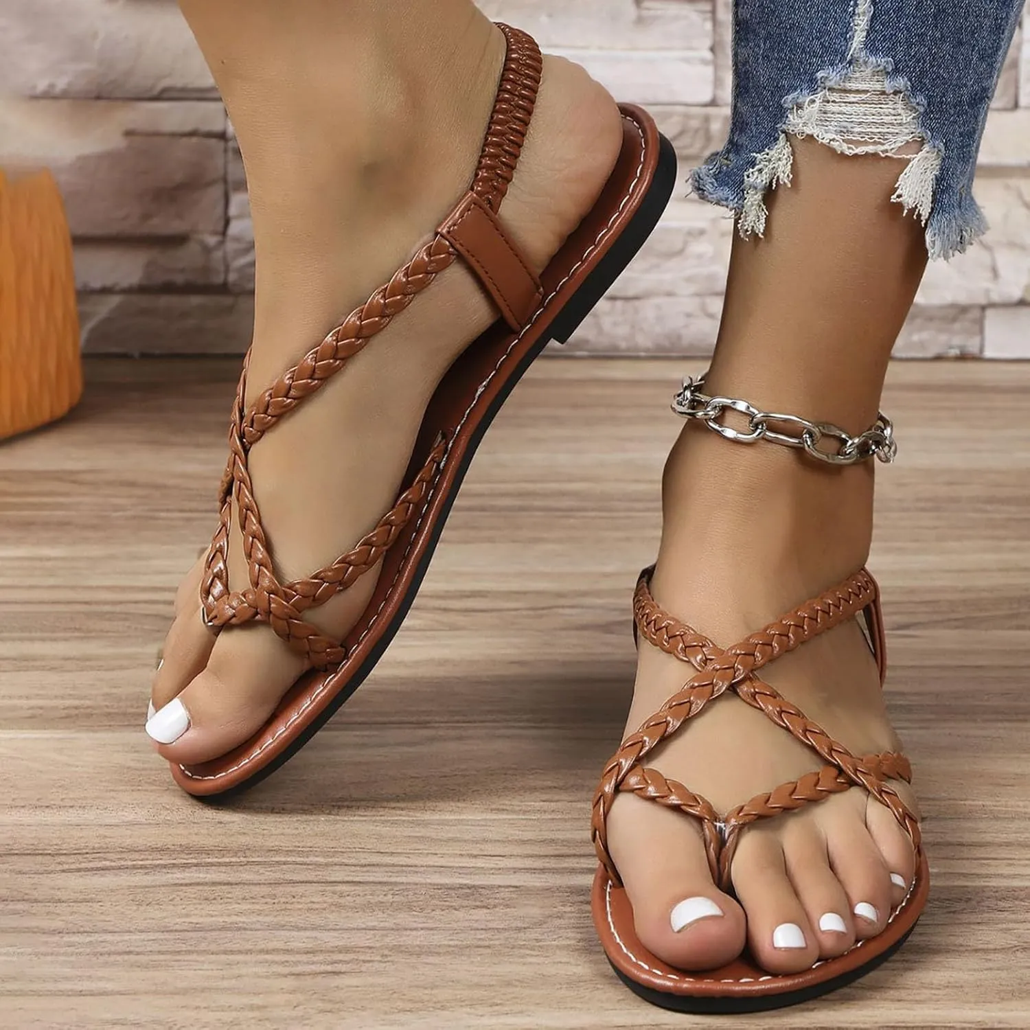 Womens Flat Sandals Strappy Thong Sandals Casual Elastic Strap Flip Flops Slingback Beach Flip Flops