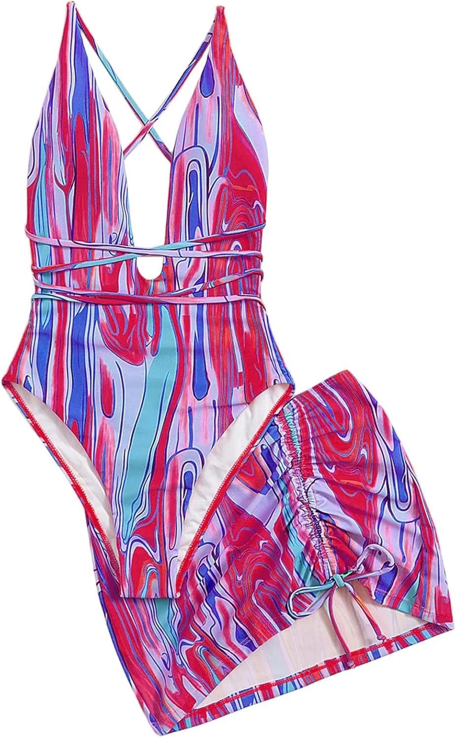 Women's Graphic Strappy Backless V Neck One Piece Swimsuit with Cover Up Beach Skirts Bathing Suit Set