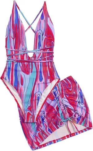 Women's Graphic Strappy Backless V Neck One Piece Swimsuit with Cover Up Beach Skirts Bathing Suit Set