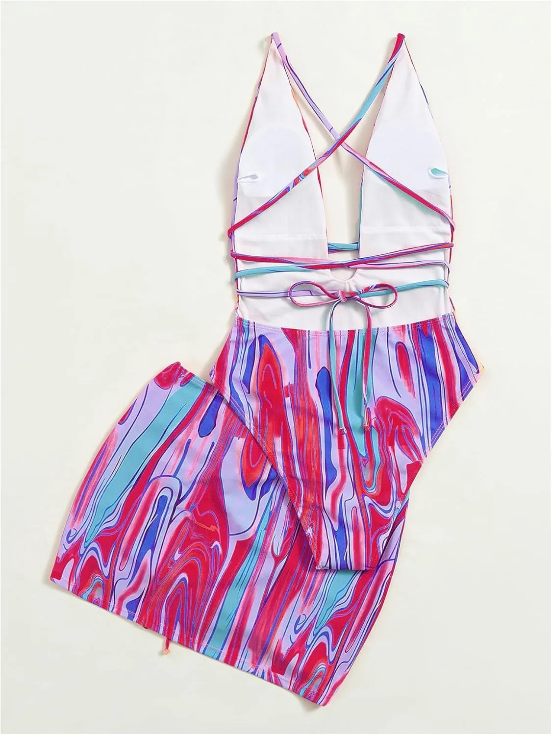 Women's Graphic Strappy Backless V Neck One Piece Swimsuit with Cover Up Beach Skirts Bathing Suit Set