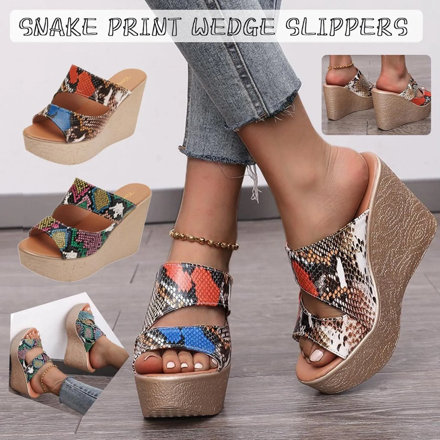 Womens High Heels Round Toe Sandals Cute Wedges Peep Toe Shoes Colorful Snakeskin Pattern Breathable Platform Sandal