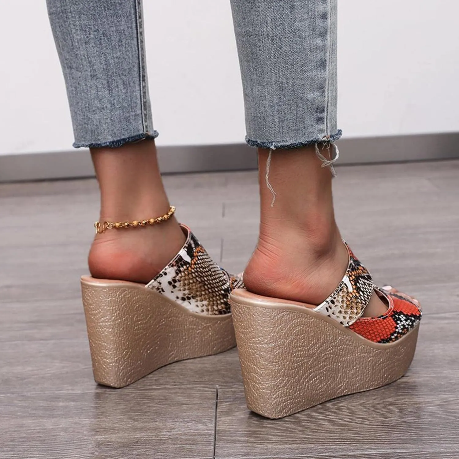 Womens High Heels Round Toe Sandals Cute Wedges Peep Toe Shoes Colorful Snakeskin Pattern Breathable Platform Sandal
