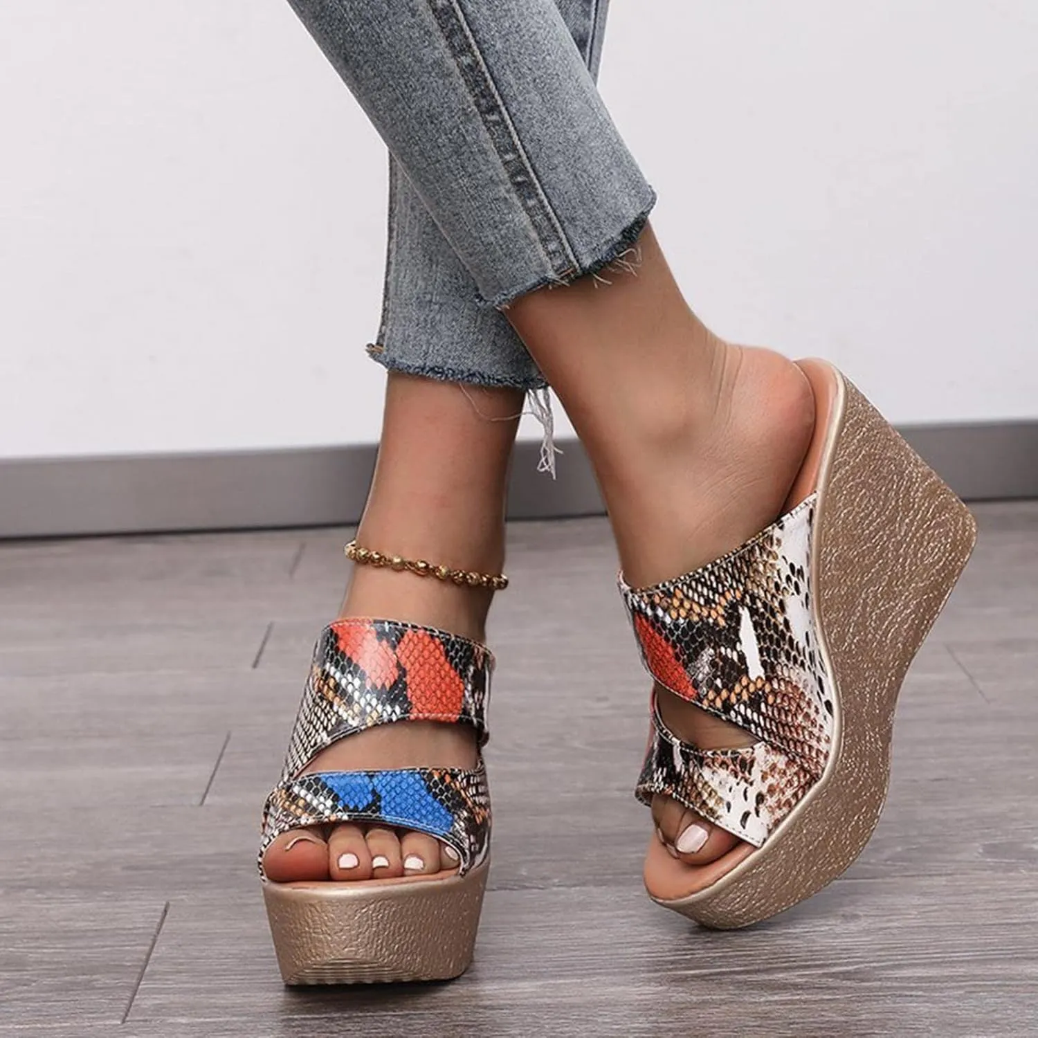 Womens High Heels Round Toe Sandals Cute Wedges Peep Toe Shoes Colorful Snakeskin Pattern Breathable Platform Sandal