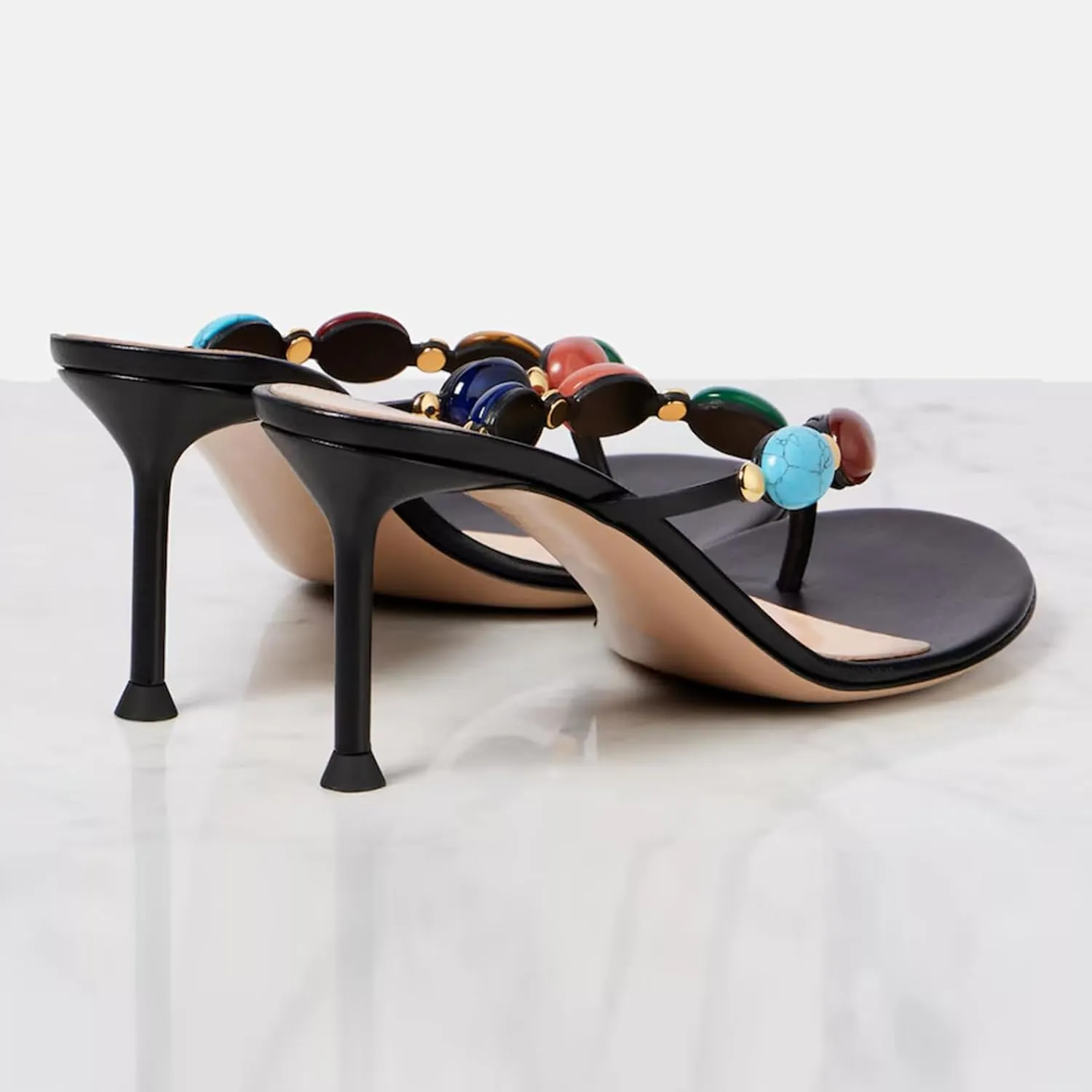 Women's Jeweled Thong Strappy Sandal Summer Mules Kitten Heels Flip Flop Round Open Toe Mid Heels Fashion Wedding Party Dress Thong Casual Shoes