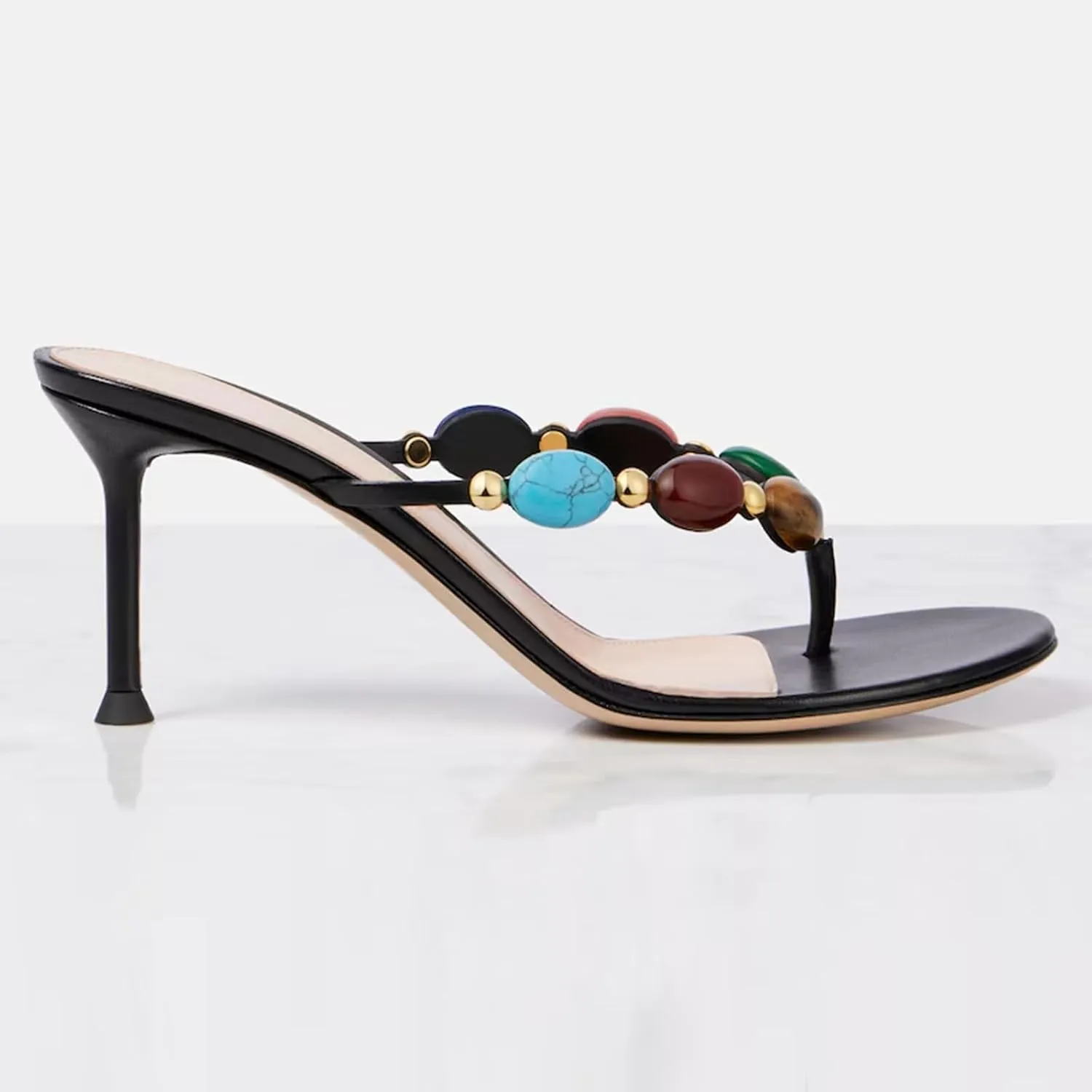 Women's Jeweled Thong Strappy Sandal Summer Mules Kitten Heels Flip Flop Round Open Toe Mid Heels Fashion Wedding Party Dress Thong Casual Shoes