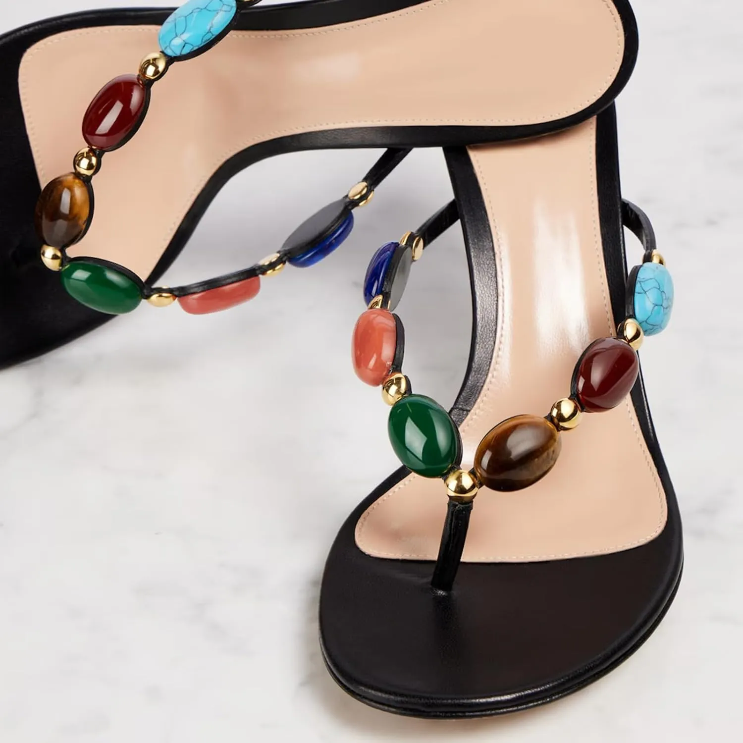 Women's Jeweled Thong Strappy Sandal Summer Mules Kitten Heels Flip Flop Round Open Toe Mid Heels Fashion Wedding Party Dress Thong Casual Shoes