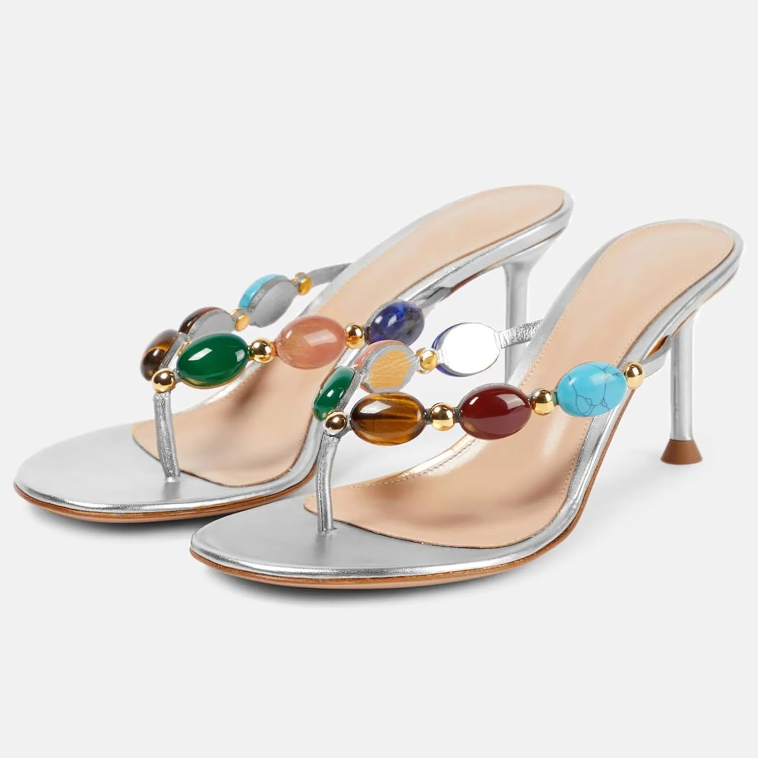 Women's Jewelled Thong Strappy Sandal Summer Mules Kitten Heels Flip Flop Round Open Toe Mid Heels Fashion Wedding Party Dress Thong Casual Shoes