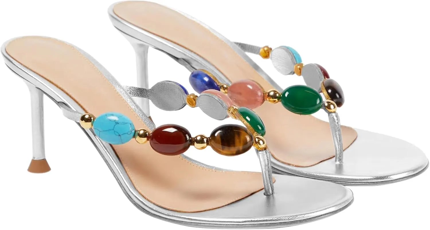 Women's Jewelled Thong Strappy Sandal Summer Mules Kitten Heels Flip Flop Round Open Toe Mid Heels Fashion Wedding Party Dress Thong Casual Shoes