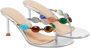 Women's Jewelled Thong Strappy Sandal Summer Mules Kitten Heels Flip Flop Round Open Toe Mid Heels Fashion Wedding Party Dress Thong Casual Shoes