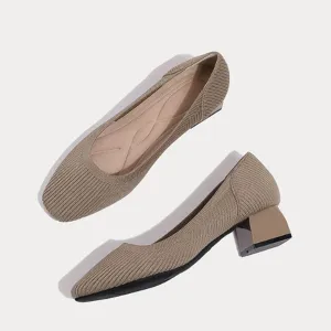 Women's Knit Chunky Heel Pumps Squar, Classic Knit Square Toe Pumps Shoes Slip On Casual Dress Shoes