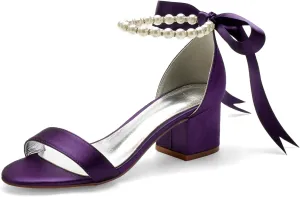 Women's Low Block Heel Sandals Chunky Ankle Strap Pearl Wedding Dress Shoes Low Heel Comfortable Pump Sandals