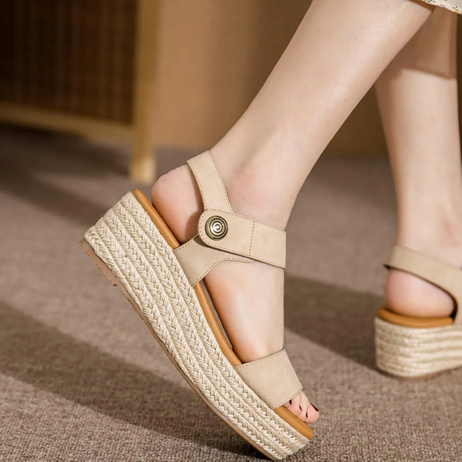 Womens Platform Espadrilles Casual Ankle Strap Wedge Sandals Comfortable Dressy Summer Shoes, Open Toe Slingback Slip On Platform Sandals with Adjustable Buckle