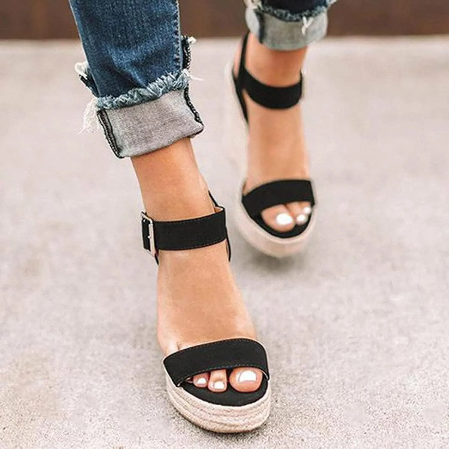 Women's Platform Sandals Wedge Ankle Strap Open Toe Single Bands Espadrille Jute Flat with Buckle Heels High Heeled Dress Girls Little Big Kid Summer Casual Fashion Cross Black Wedges Shoes