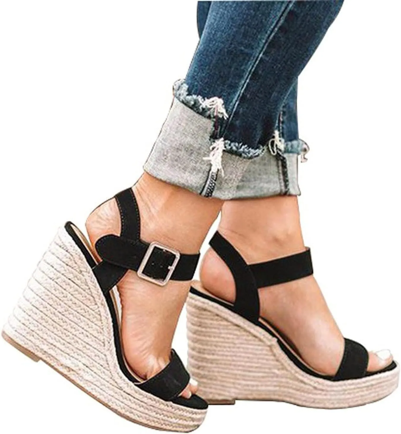 Women's Platform Sandals Wedge Ankle Strap Open Toe Single Bands Espadrille Jute Flat with Buckle Heels High Heeled Dress Girls Little Big Kid Summer Casual Fashion Cross Black Wedges Shoes