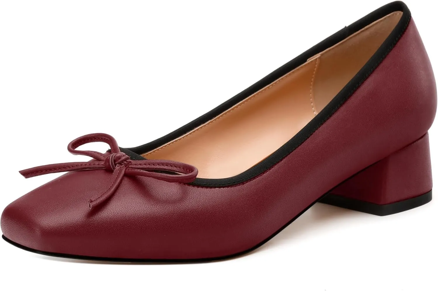 Womens Pumps, Square Toe Low Block Heel Pumps for Women, Leather Insole Comfort Daily Pump Shoes with Bow Tie 1.3"
