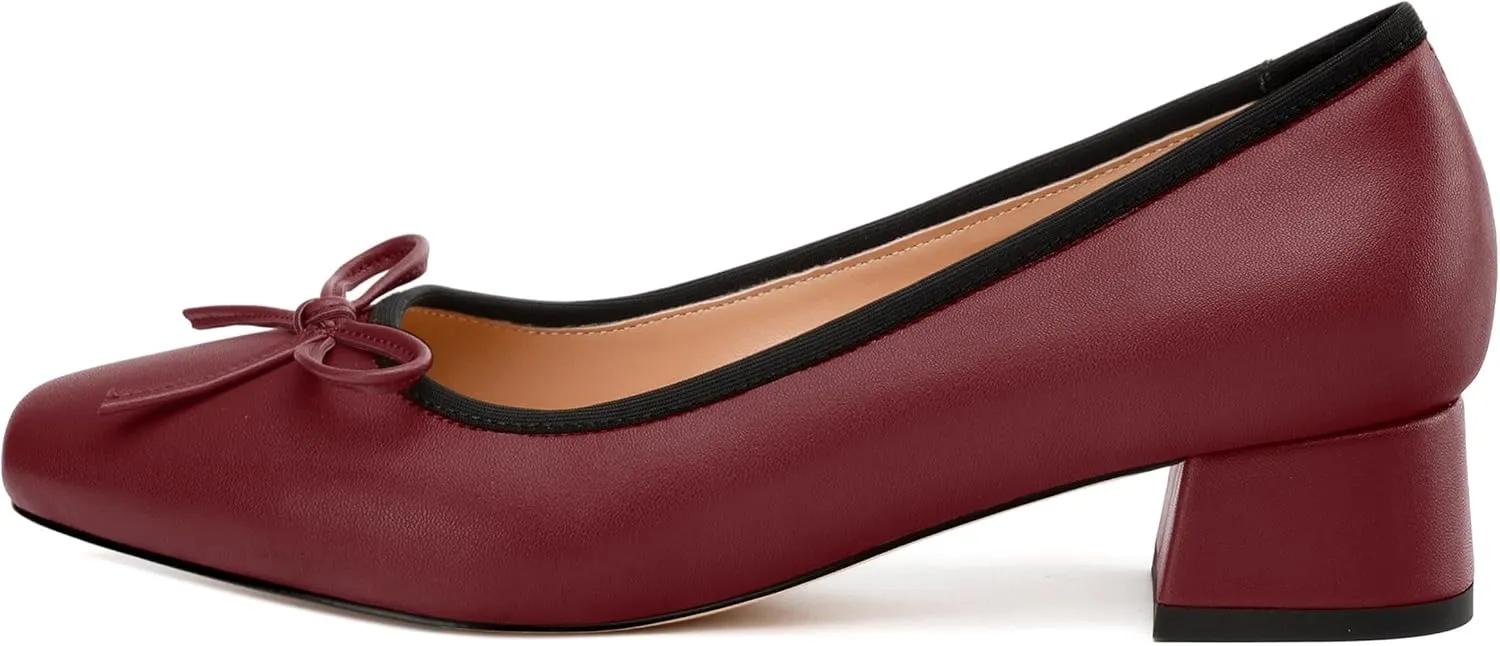Womens Pumps, Square Toe Low Block Heel Pumps for Women, Leather Insole Comfort Daily Pump Shoes with Bow Tie 1.3"
