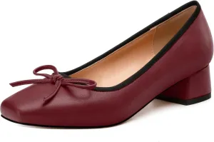 Womens Pumps, Square Toe Low Block Heel Pumps for Women, Leather Insole Comfort Daily Pump Shoes with Bow Tie 1.3"