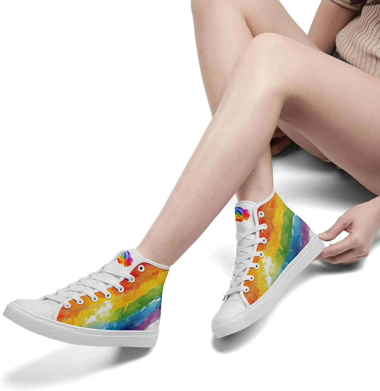Womens Rainbow High Top Canvas Sneaker Lace-up Fashion Casual Shoes Classic Tennis Shoes Colorful Shoes