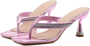 Womens Rhinestone Square Toe Stiletto Flip Flops Summer Comfort Slip On Strappy Thong Leather Anti-slip Pinch toe Slide Sandals for Party Dressy Wedding Daily Dating