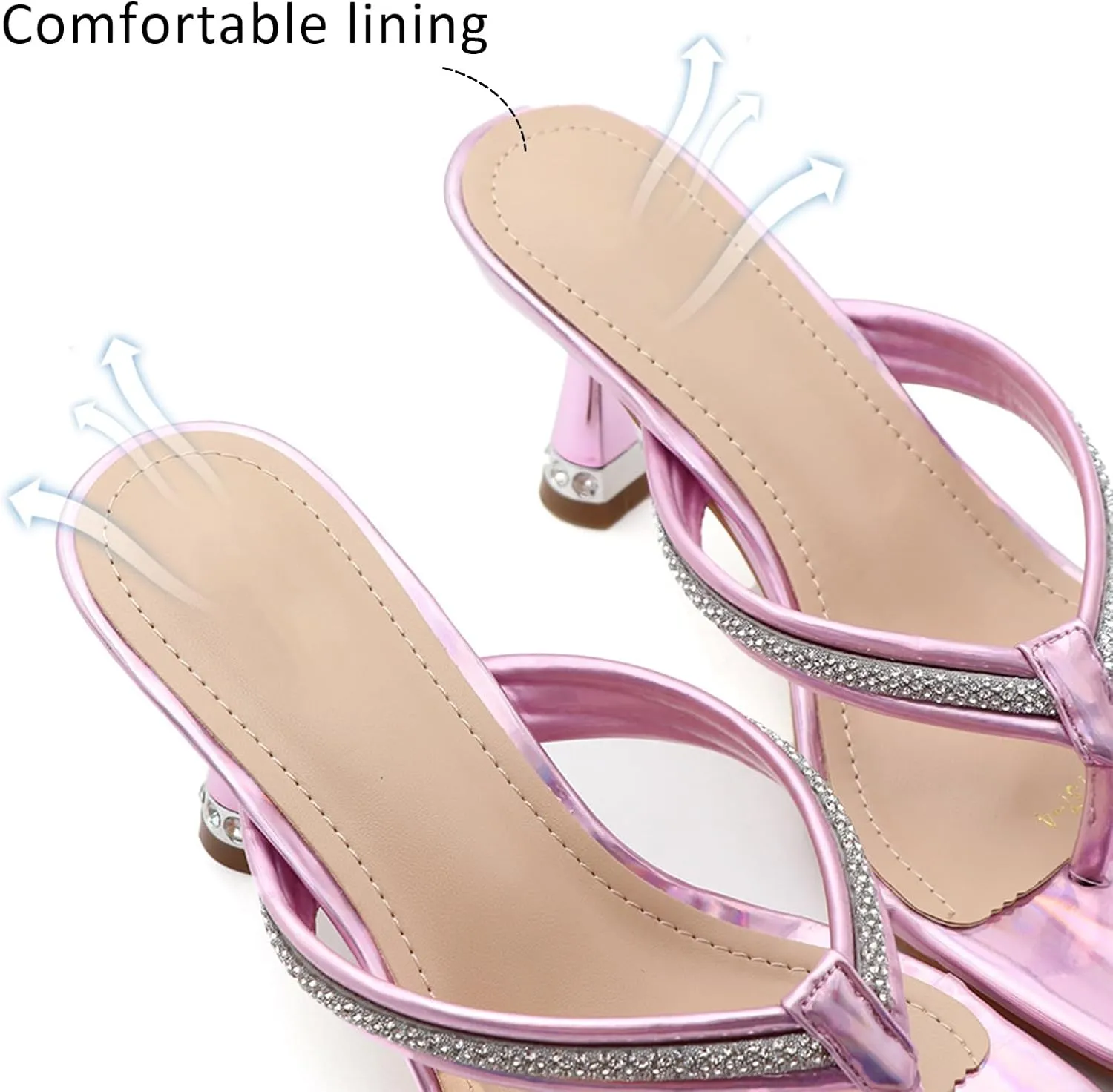 Womens Rhinestone Square Toe Stiletto Flip Flops Summer Comfort Slip On Strappy Thong Leather Anti-slip Pinch toe Slide Sandals for Party Dressy Wedding Daily Dating