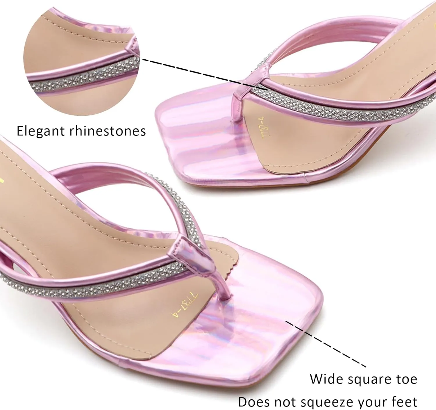 Womens Rhinestone Square Toe Stiletto Flip Flops Summer Comfort Slip On Strappy Thong Leather Anti-slip Pinch toe Slide Sandals for Party Dressy Wedding Daily Dating