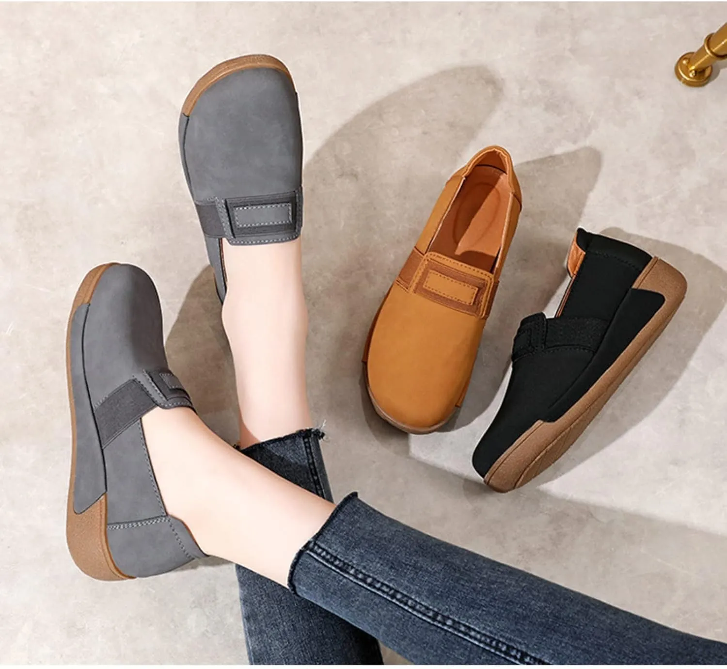 Women's Round Toe Platform Wedge Slip-On Loafers,Comfort Suede Moccasin Low Top Casual Wedge Loafers.