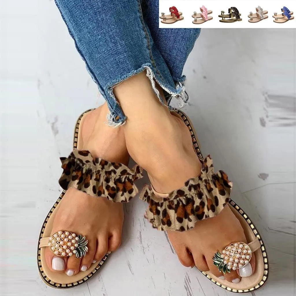 Women's Ruffle Trim Ring Toe Slip on Flip Flop Beaded Flat Sandals, Sandals For Women Flat Cute Pearls Pineapple Sandals