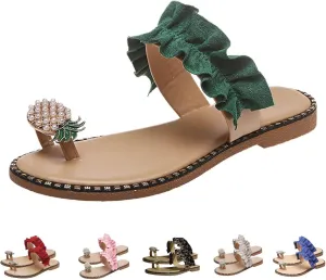 Women's Ruffle Trim Ring Toe Slip on Flip Flop Beaded Flat Sandals, Sandals For Women Flat Cute Pearls Pineapple Sandals