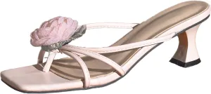 Women's Silk Flower Toe Loop Strappy Kitten Heel Slide Sandals Sexy Open Square Toe Slip On Lightweight Medium Heel Flip Flops for Party Daily Dating